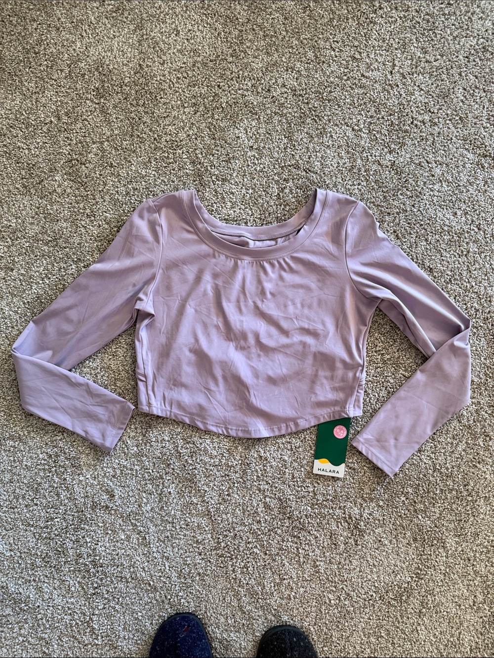 Halara lavender long-sleeve crop top with adjustable back ties, Small, NWT